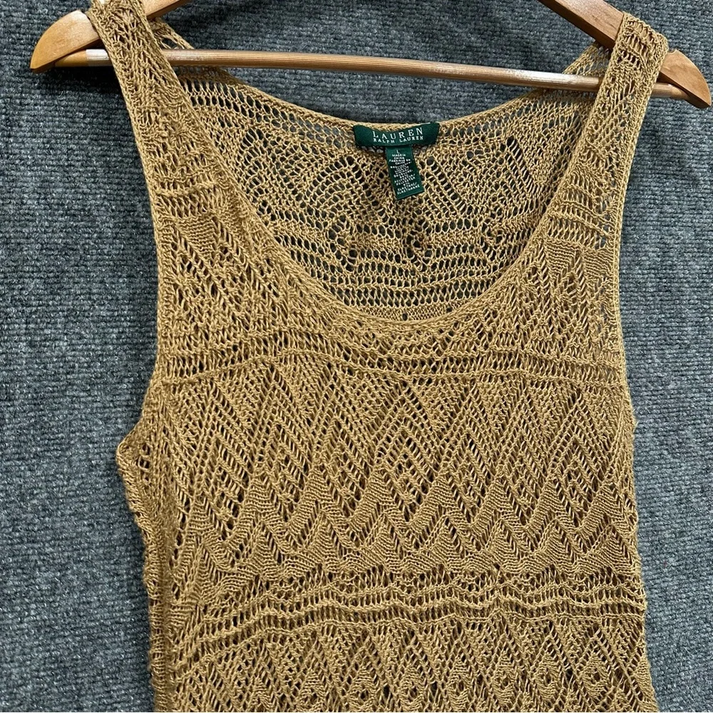 Lauren Ralph Lauren crochet linen beach cover up dress LARGE fringe tan gold - Picture 2 of 8